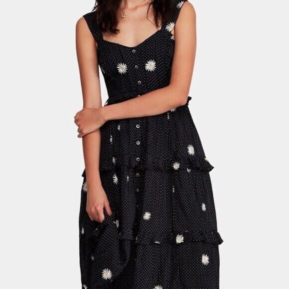Free People Daisy chain embroidery cotton midi dress black white Size small